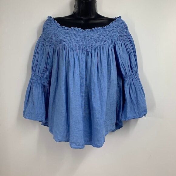 Zara Women's Linen Off‎ The Shoulder Flared Sleeve Smocked Top Size S - Picture 1 of 11